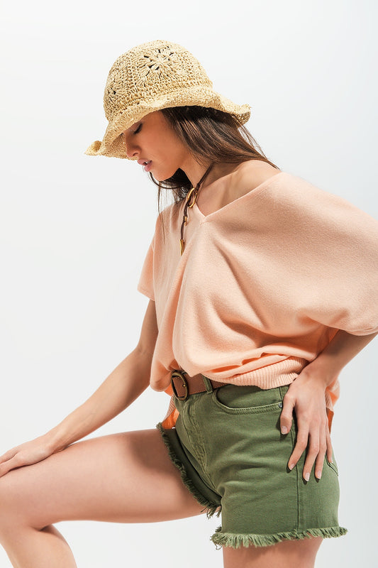 Short sleeve jumper in v neck in pink | Just Cool Beans — sweaters | bottoms