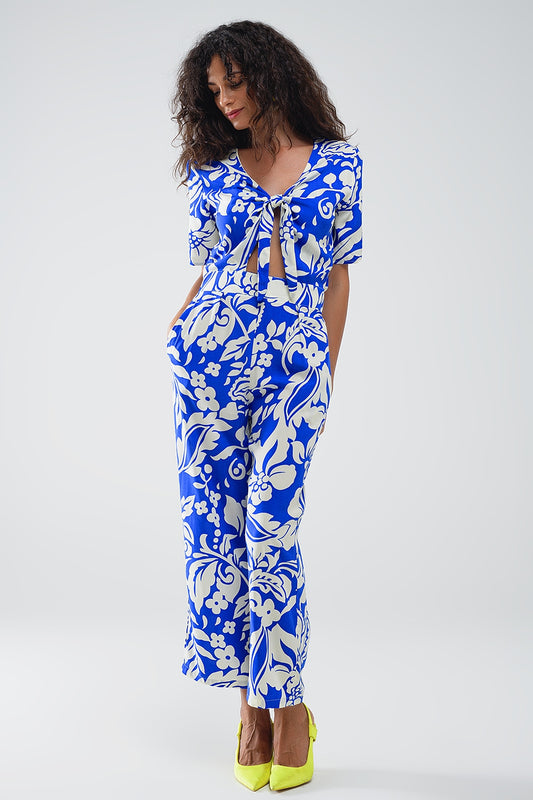 Short sleeve key hole front floral jumpsuit in blue | Just Cool Beans — dresses | bottoms