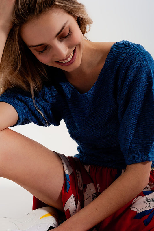 Short sleeve knitted top in blue | Just Cool Beans — sweaters | bottoms