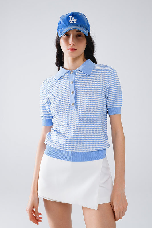 Short sleeve polo in blue with white stripes | Just Cool Beans — sweaters | bottoms