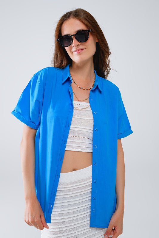 Short sleeve relaxed button up shirt in blue | Just Cool Beans — shirts | bottoms