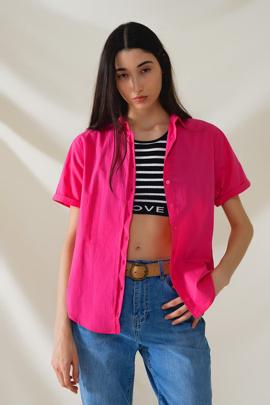 Short sleeve relaxed button up shirt in fuchsia | Just Cool Beans — shirts | bottoms