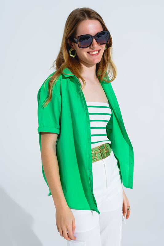 Short sleeve relaxed button up shirt in green | Just Cool Beans — shirts | bottoms