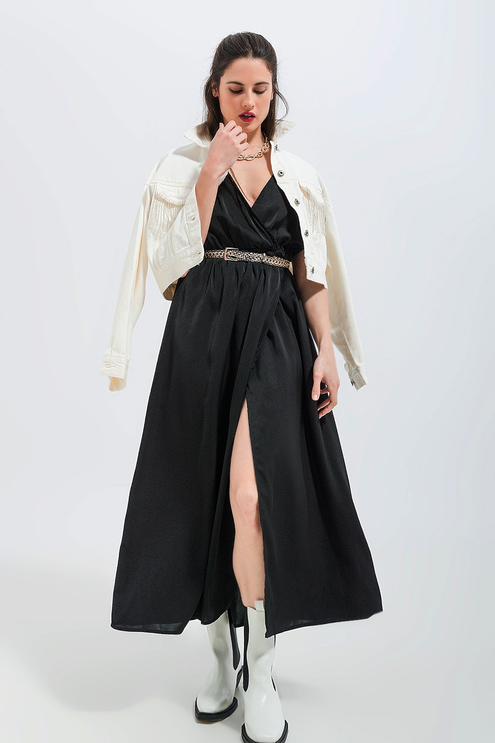 Short sleeve satin maxi dress in black | Just Cool Beans — dresses | bottoms