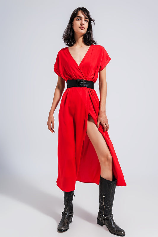 Short sleeve satin maxi dress in red | Just Cool Beans — dresses | bottoms