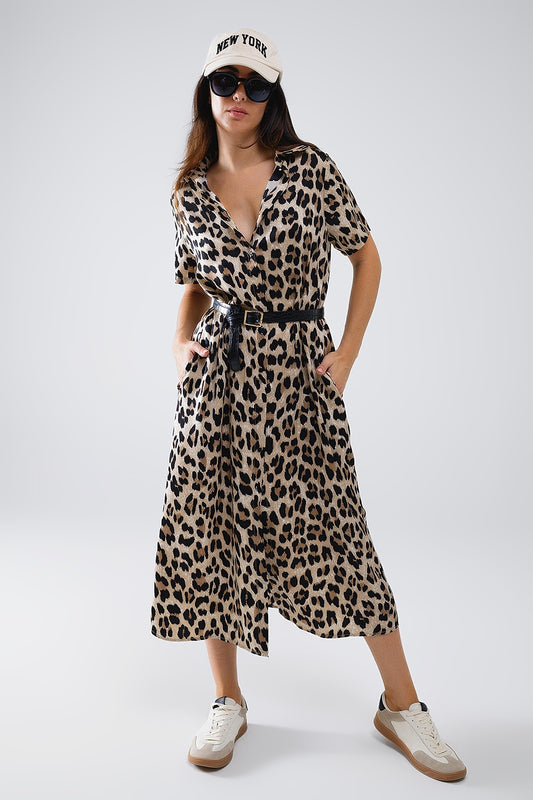 Short sleeve shirt midi dress with belt in leopard print | Just Cool Beans — dresses | bottoms