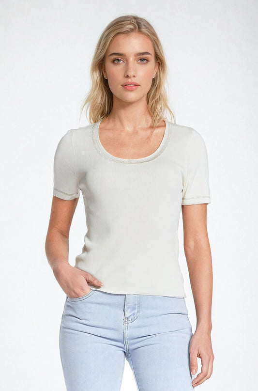Short sleeve sweater in beige with silver seam at round neck | Just Cool Beans — sweaters | bottoms