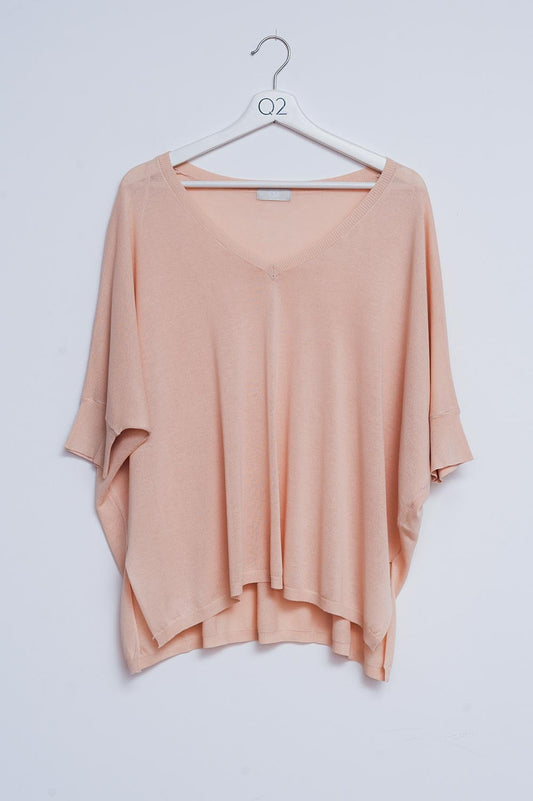 Short sleeve sweater in v neck in beige | Just Cool Beans — sweaters | bottoms