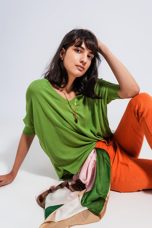 Short sleeve sweater in v neck in green | Just Cool Beans — sweaters | bottoms