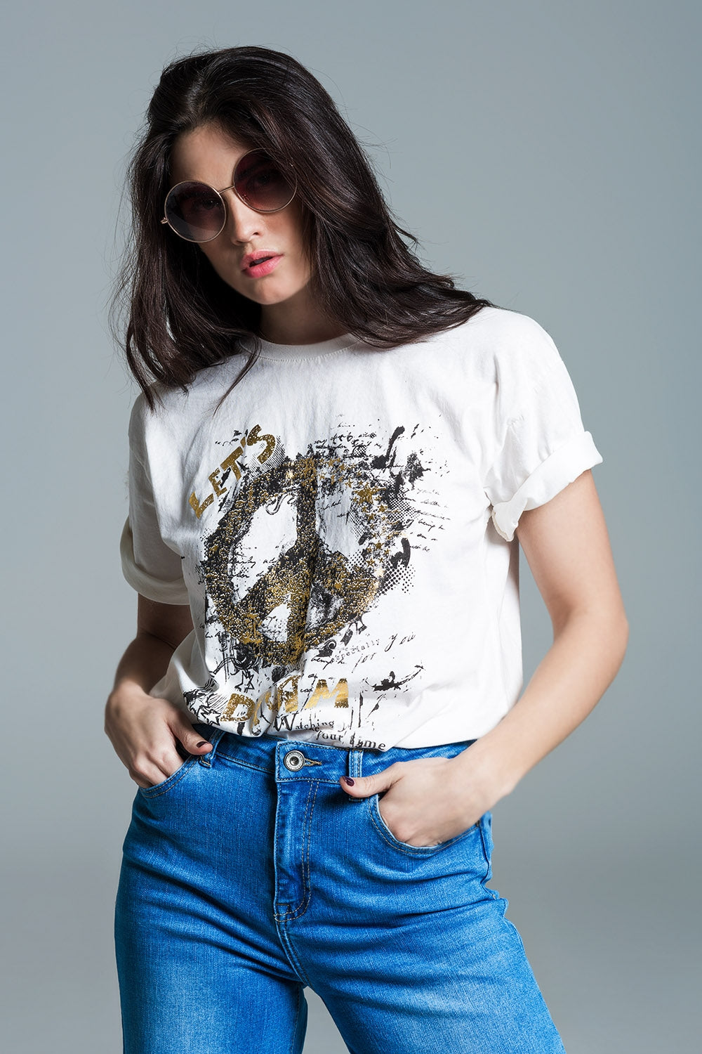 Short sleeve t-shirt with graphic peace sign design at the front in cream | Just Cool Beans — tops | bottoms