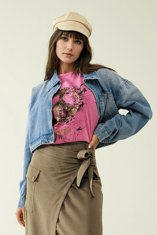 Short sleeve t-shirt with graphic peace sign design at the front in fuchsia | Just Cool Beans — tops | bottoms