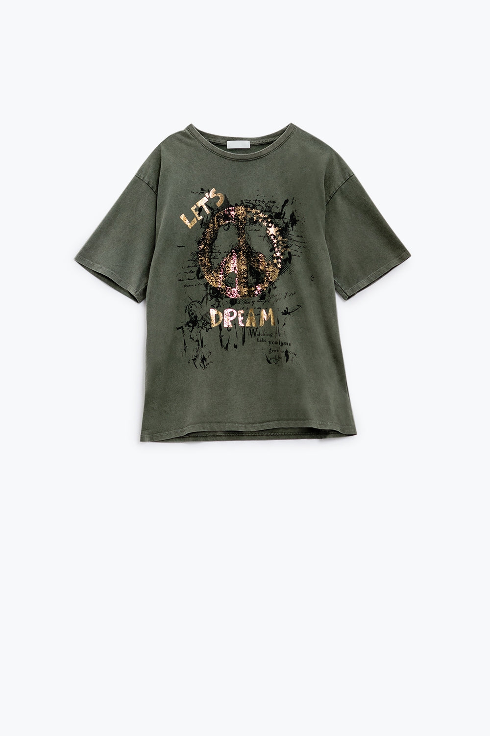 Short sleeve t-shirt with graphic peace sign design at the front in khaki | Just Cool Beans — tops | bottoms
