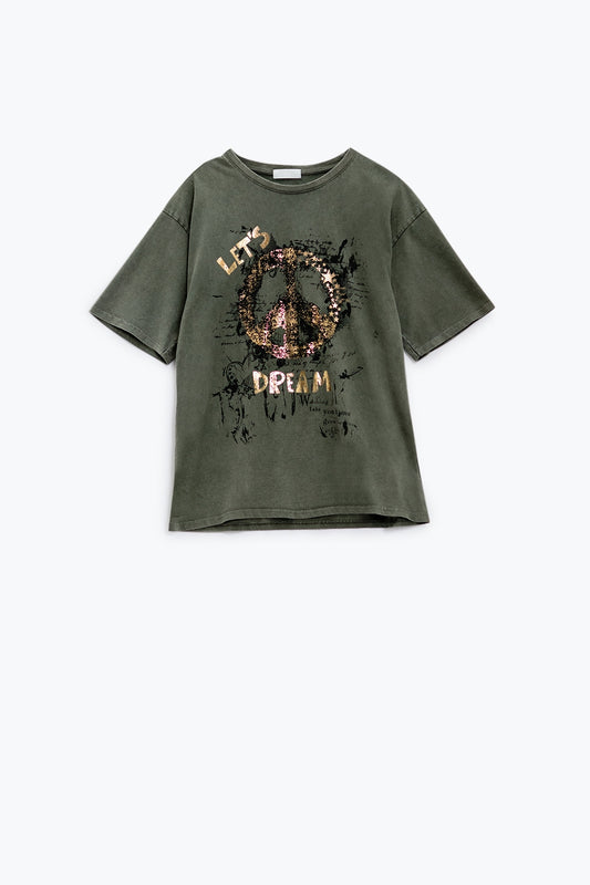Short sleeve t-shirt with graphic peace sign design at the front in khaki | Just Cool Beans — tops | bottoms