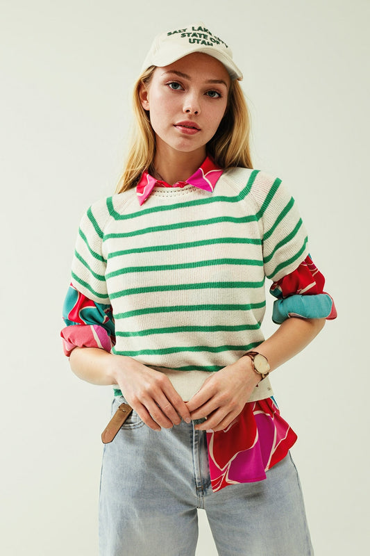 Short sleeves white knit sweater with green stripes | Just Cool Beans — sweaters | bottoms