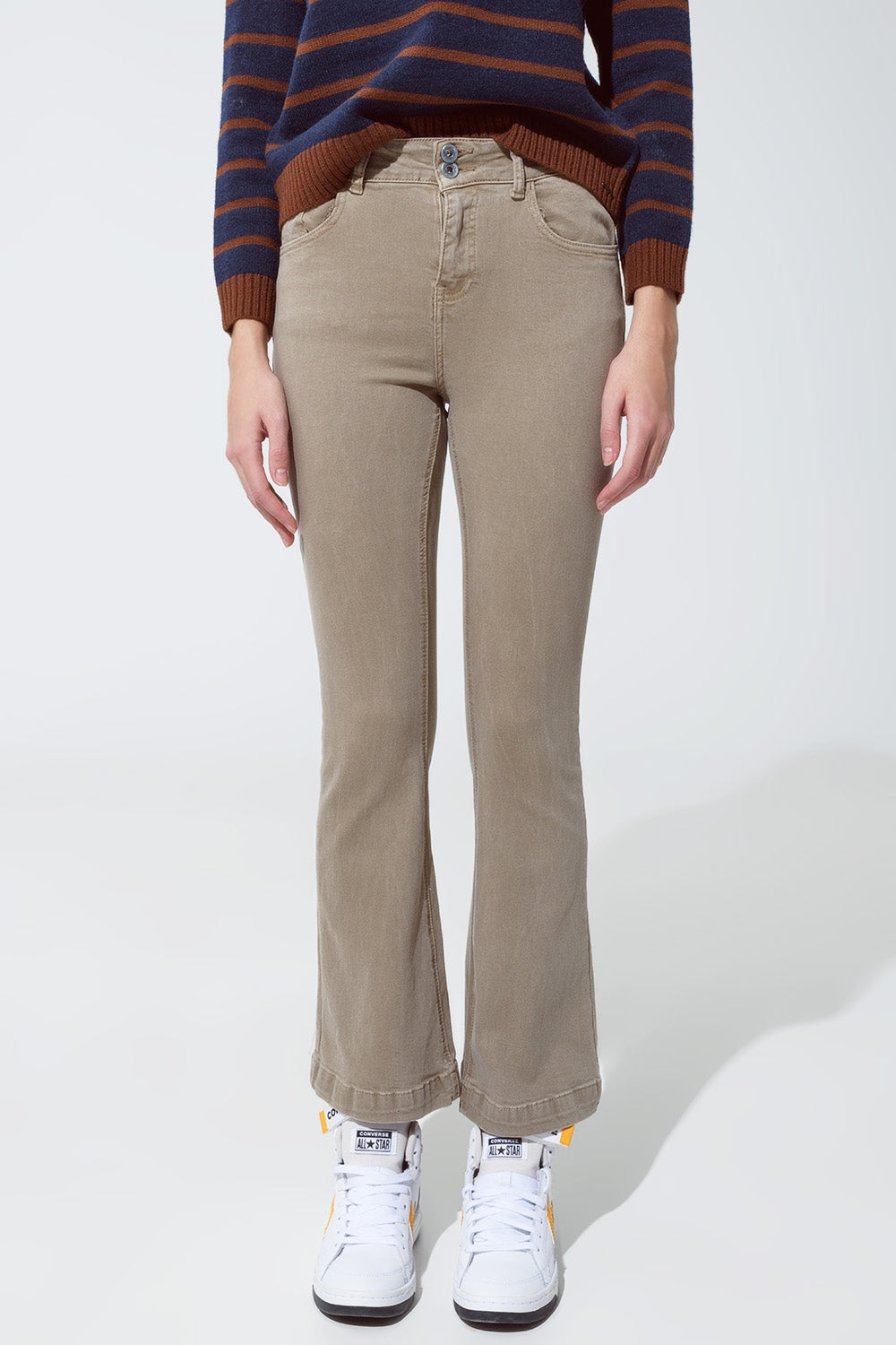 Skinny flared jeans with double button detail in beige | Just Cool Beans — jeans | the denim shop