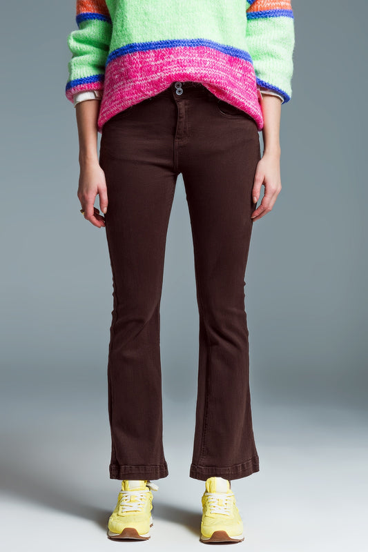 Skinny flared jeans with double button detail in brown | Just Cool Beans — jeans | the denim shop