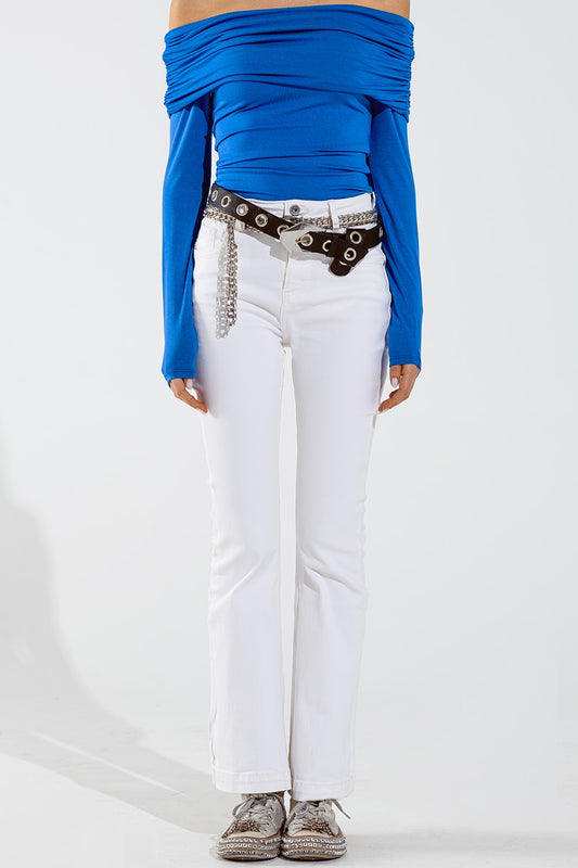Skinny flared jeans with double button detail in white | Just Cool Beans — jeans | the denim shop