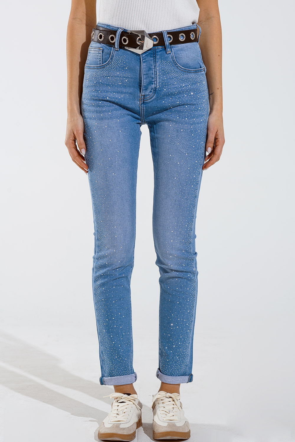 Skinny jeans in washed blue with strass all over the front | Just Cool Beans — jeans | the denim shop