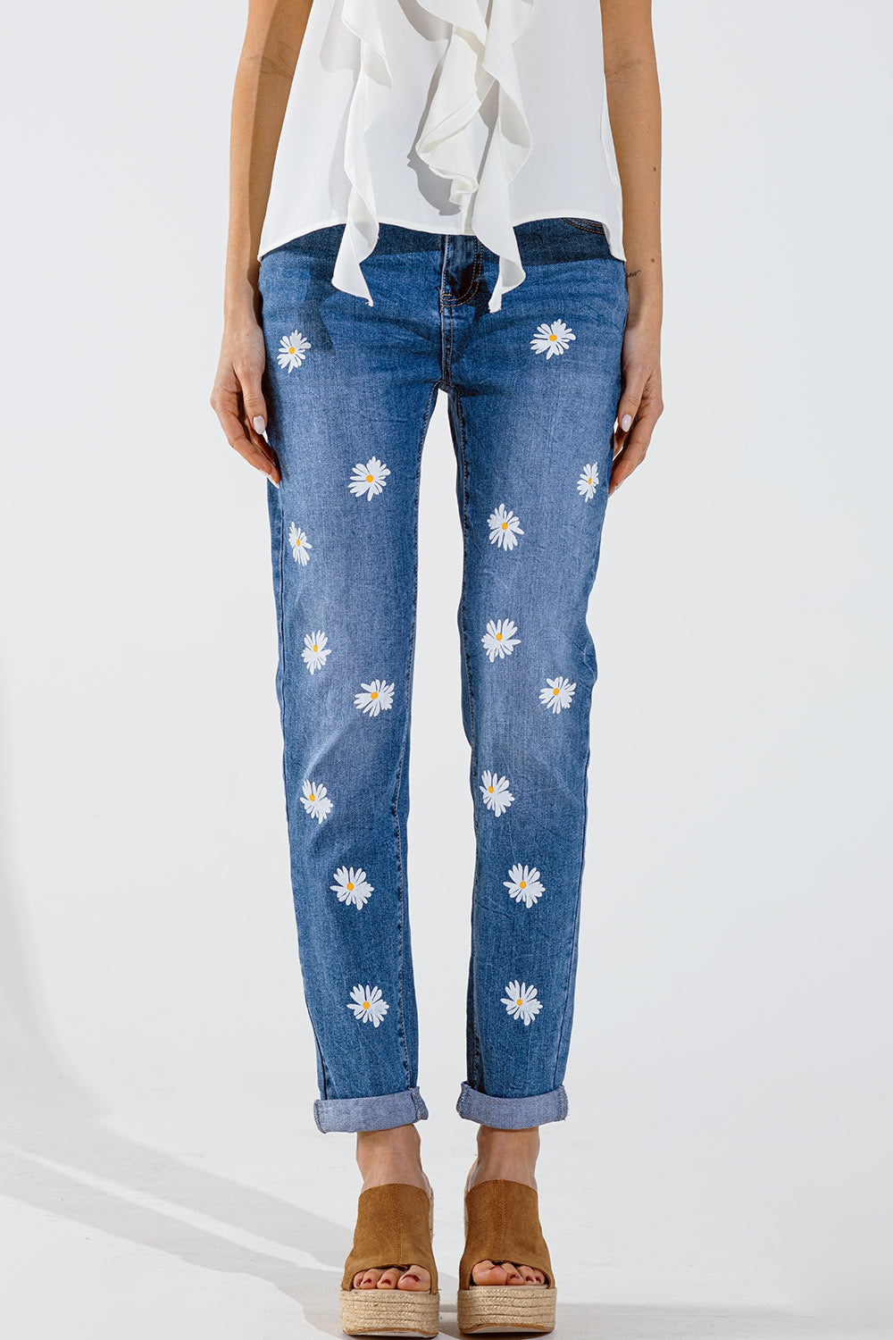 Skinny jeans with printed white daisys in mid wash | Just Cool Beans — jeans | the denim shop