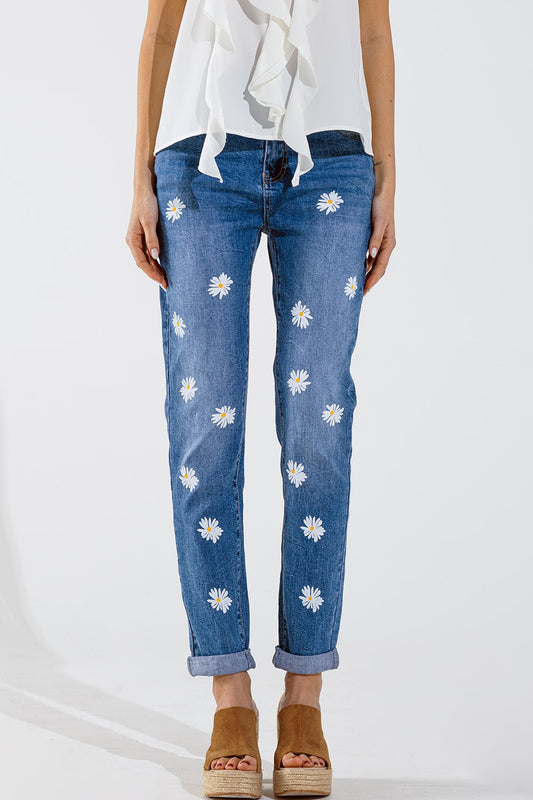 Skinny jeans with printed white daisys in mid wash | Just Cool Beans — jeans | the denim shop