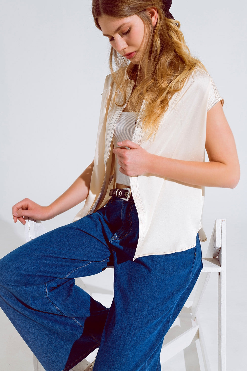 Sleeveless blouse with pollo collar in beige | Just Cool Beans — shirts | tops