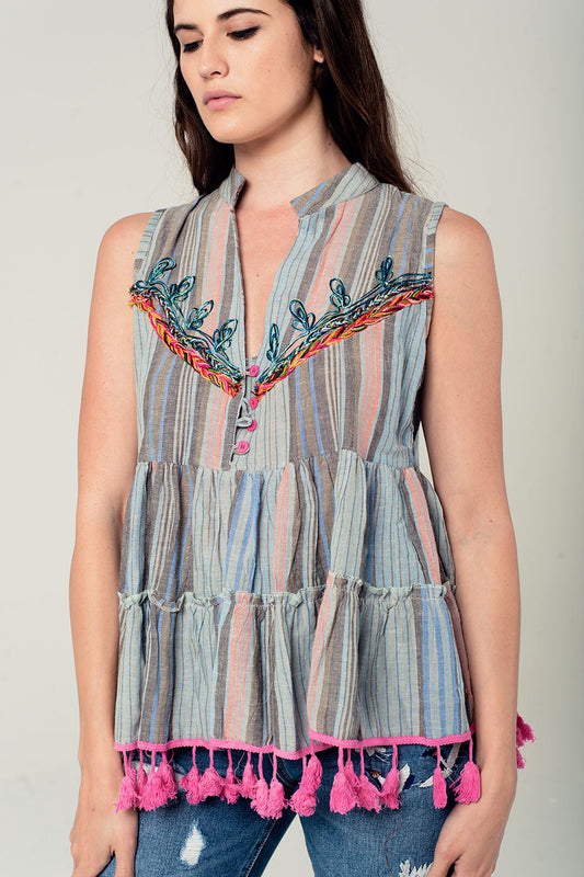 Sleeveless blouse with tassels and embroidery in grey | Just Cool Beans — shirts | tops