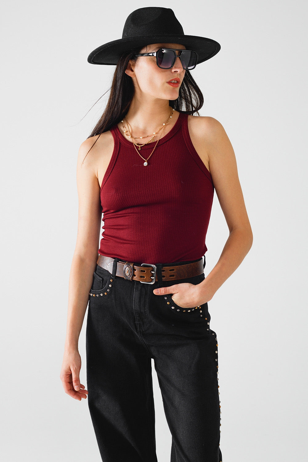 Sleeveless burgundy top with ribbed details | Just Cool Beans — tops