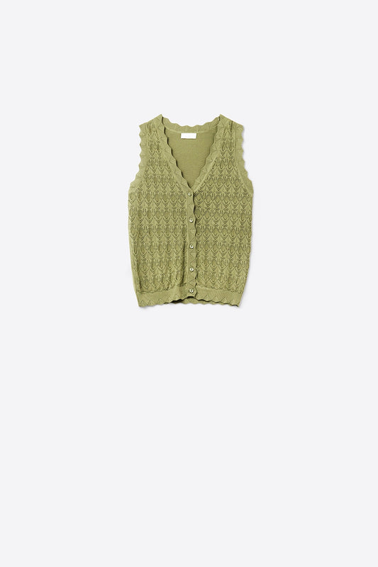 Pointelle knitted vest with scalloped edges in khaki | Just Cool Beans — sweaters | tops