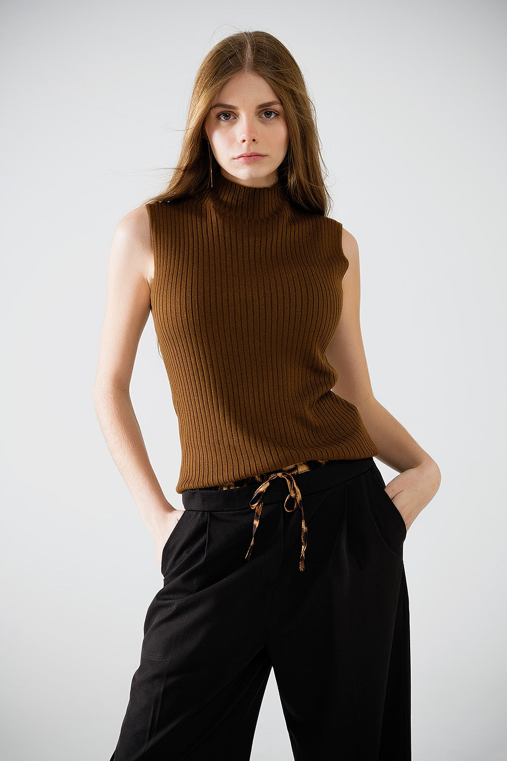 Sleeveless fine knit wool sweater in brown | Just Cool Beans — sweaters | tops