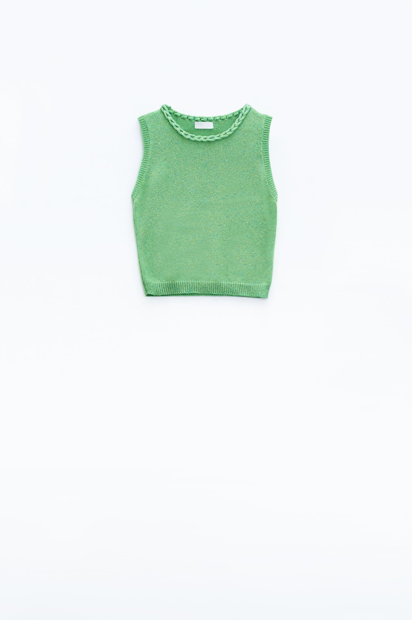 Sleeveless green sweater with crew neckline and braid detail at neckline | Just Cool Beans — sweaters | tops