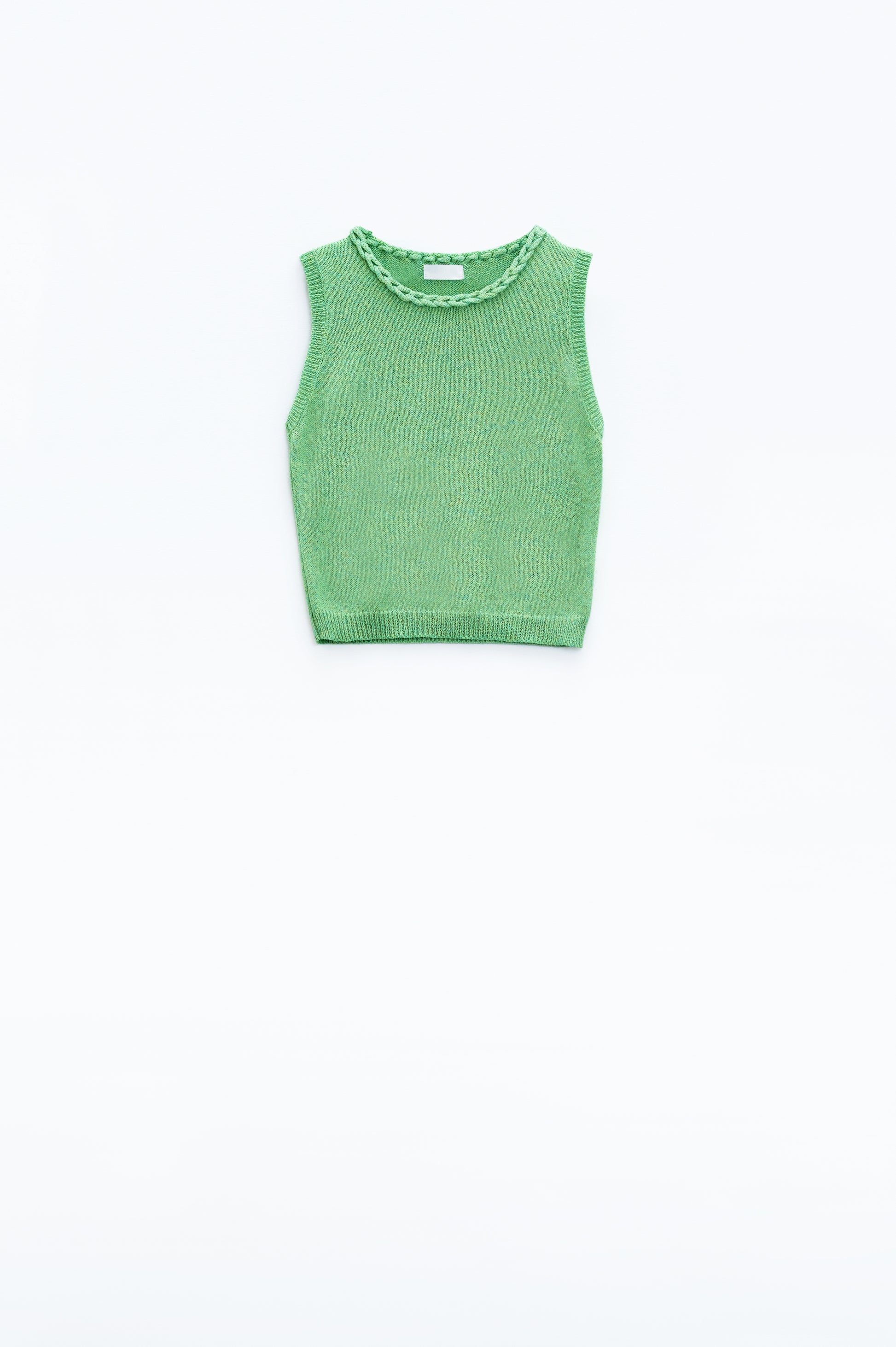 Sleeveless green sweater with crew neckline and braid detail at neckline | Just Cool Beans — sweaters | tops