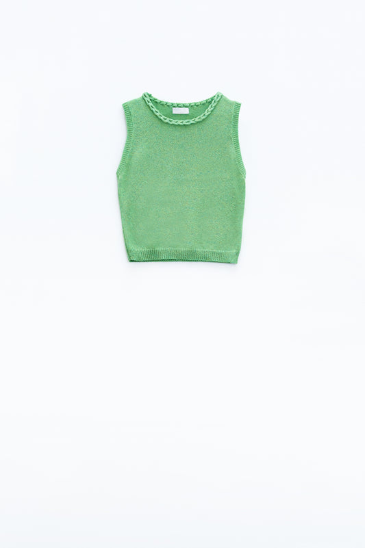 Sleeveless green sweater with crew neckline and braid detail at neckline | Just Cool Beans — sweaters | tops