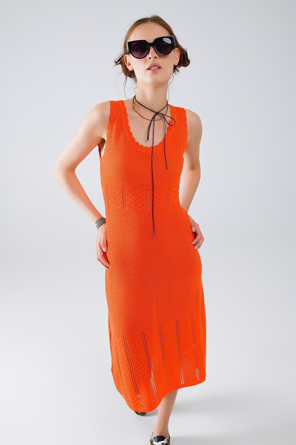 Sleeveless orange knit midi dress with round neck | Just Cool Beans — dresses