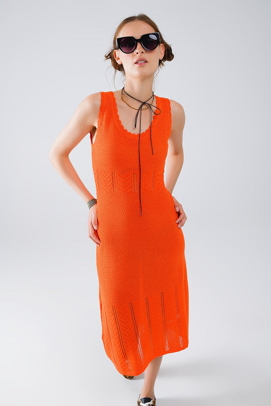 Sleeveless orange knit midi dress with round neck | Just Cool Beans — dresses