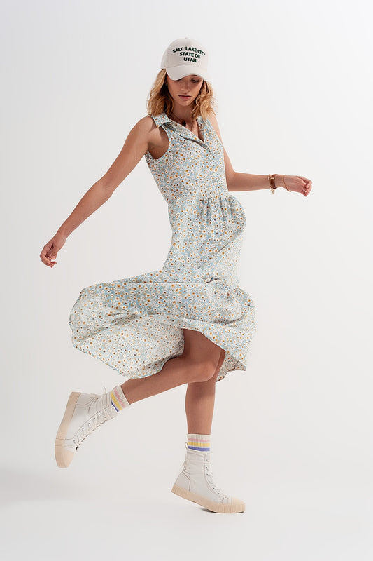 Sleeveless shirt dress in blue floral print | Just Cool Beans — dresses