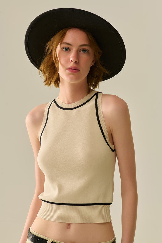 Sleeveless sweater in beige featuring detail black lines | Just Cool Beans — sweaters | tops