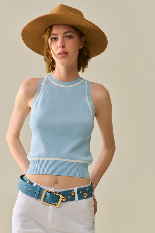 Sleeveless sweater in blue featuring white lines detail | Just Cool Beans — sweaters | tops
