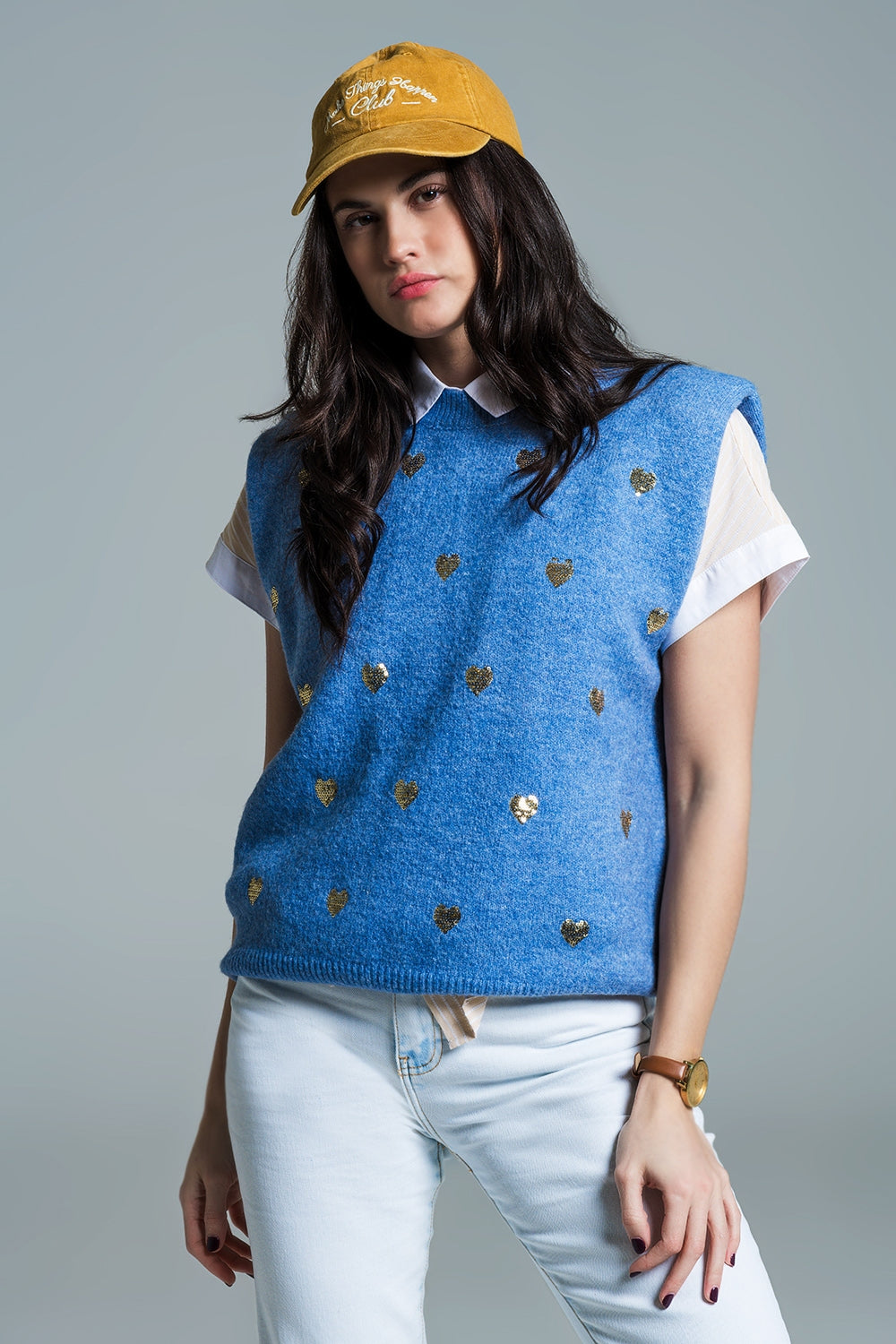 Sleeveless sweater in blue with silver sequin hearts | Just Cool Beans — sweaters | tops