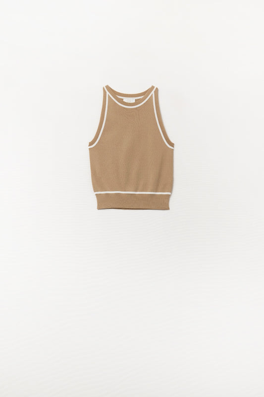 Sleeveless sweater in camel featuring detail white lines | Just Cool Beans — sweaters | tops