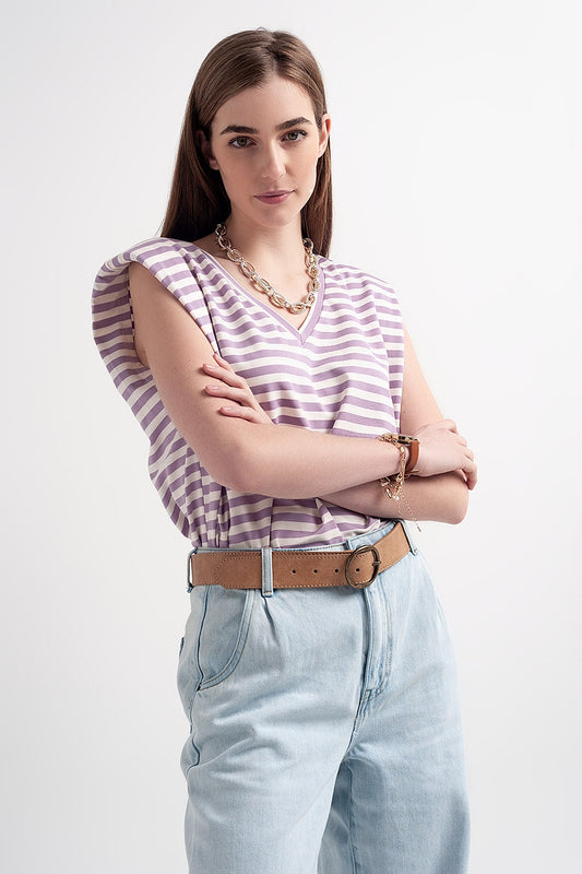 Sleeveless t-shirt with shoulder pad in purple stripe | Just Cool Beans — tops
