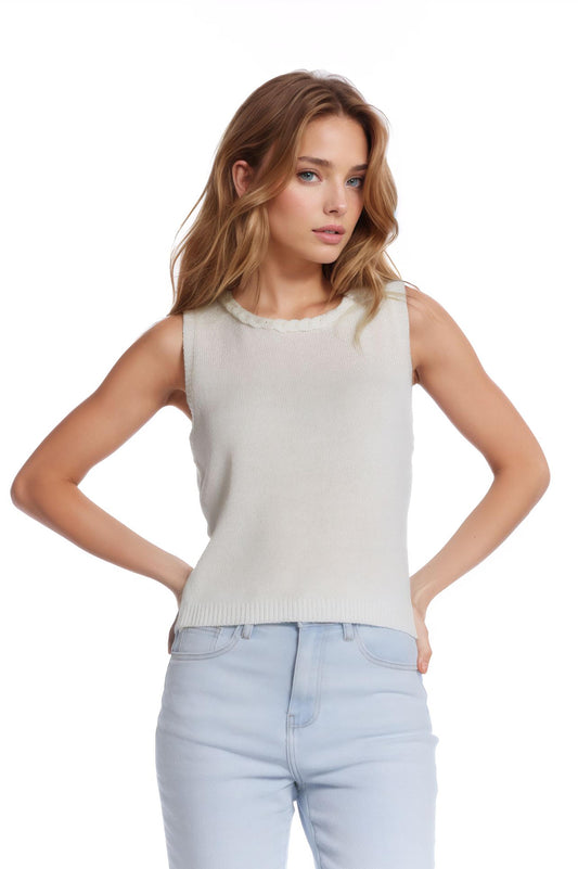 Sleeveless white sweater with crew neckline and braid detail at neckline | Just Cool Beans — sweaters | tops