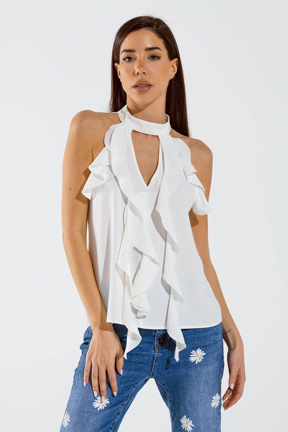 Sleeveless white top with ruffled details and high neck | Just Cool Beans — tops