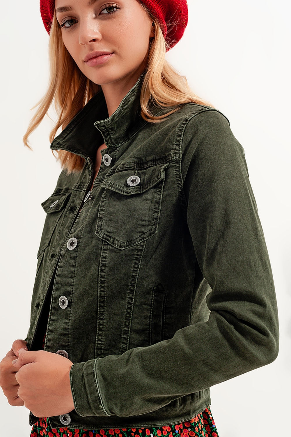Slim denim trucker jacket in green | Just Cool Beans — coats and jackets | jackets