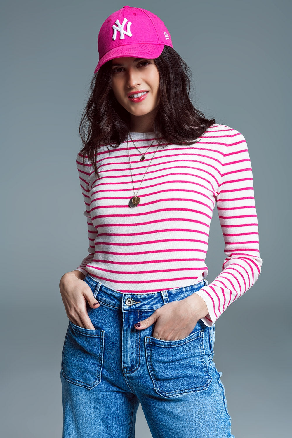 Slim fit fine knit boat neck sweater in white with fuchsia stripes | Just Cool Beans — sweaters | tops