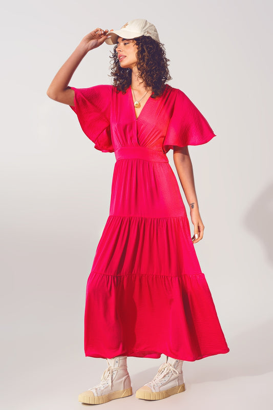 Smock v neck maxi dress in fucsia | Just Cool Beans — dresses
