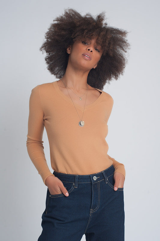 Soft basic sweater with camel v-neck | Just Cool Beans — sweaters | tops