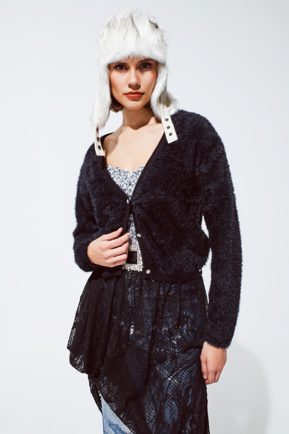 Soft cardigan with deep v neck and gold buttons | Just Cool Beans — sweaters | tops