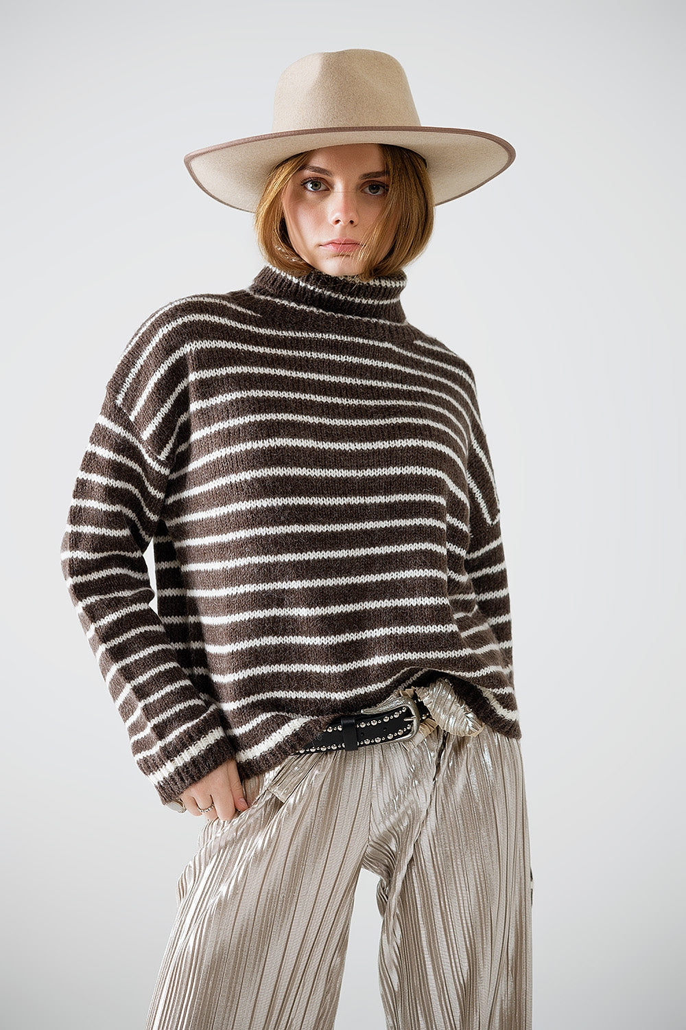Soft knit striped turtleneck sweater in brown | Just Cool Beans — sweaters | tops