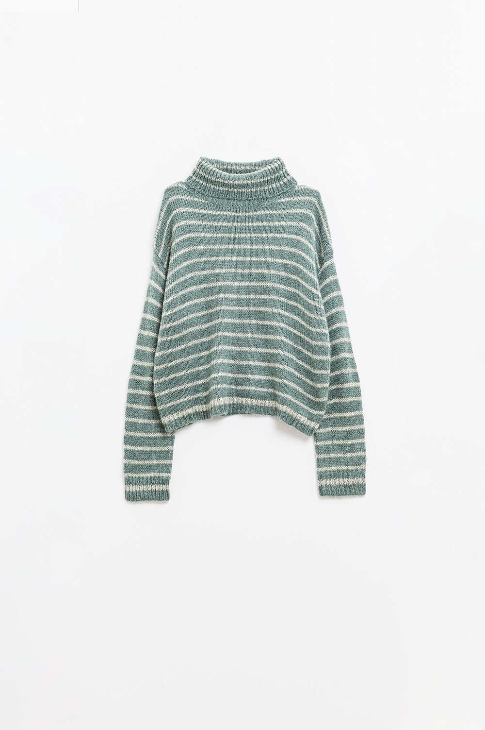 Soft knit striped turtleneck sweater in green | Just Cool Beans — sweaters | tops