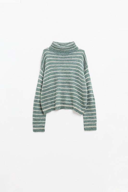 Soft knit striped turtleneck sweater in green | Just Cool Beans — sweaters | tops